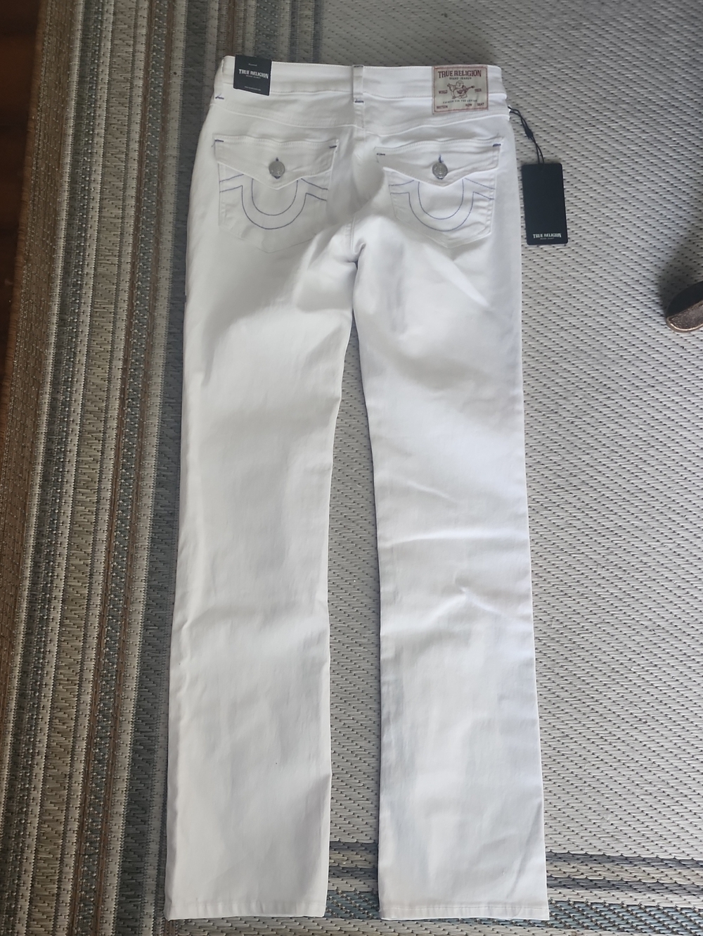 True Religion White Straight Leg Jeans with Signature Back Stitching New